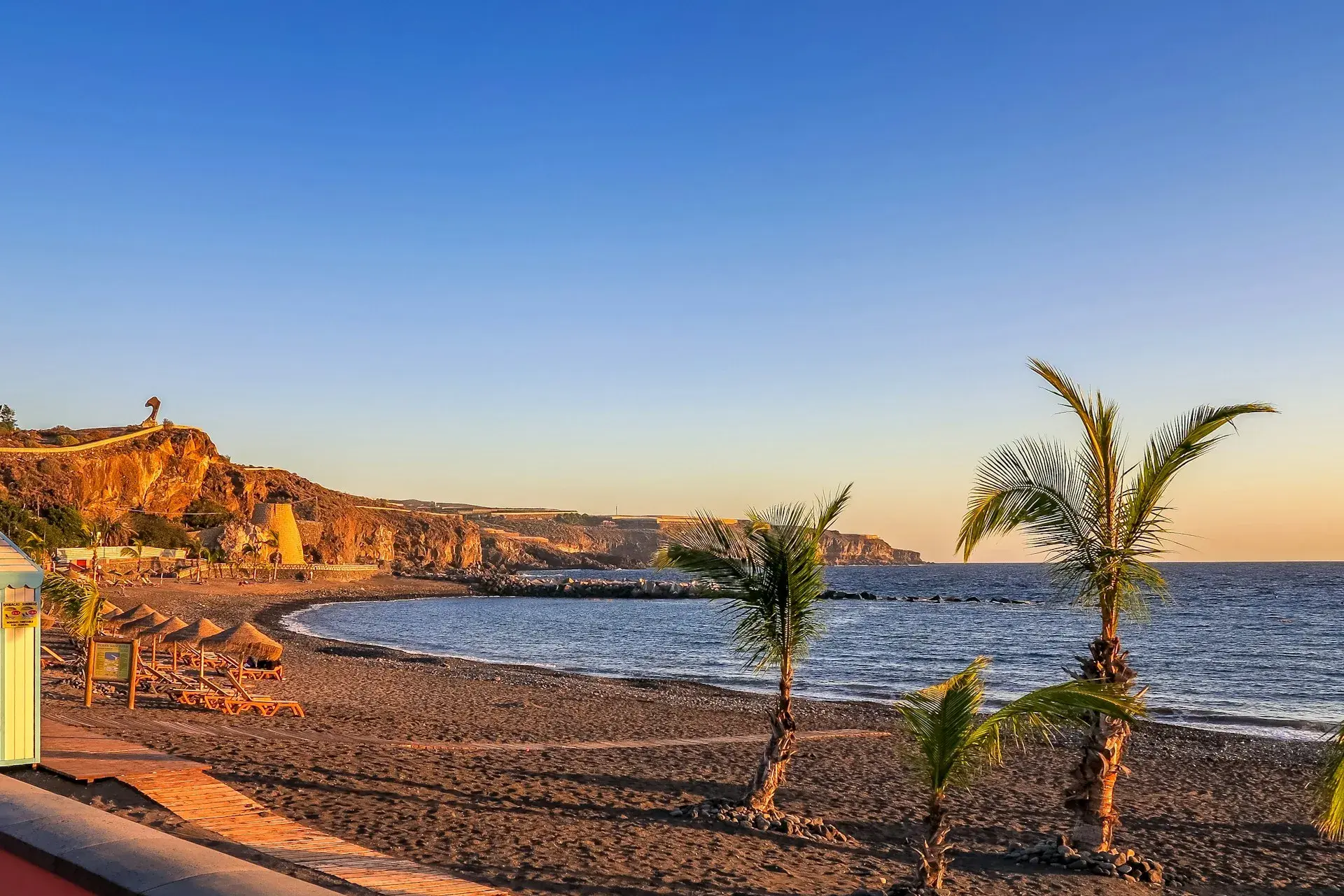 Playa de arena oscura con palmeras jóvenes al atardecer en la costa sur de Tenerife