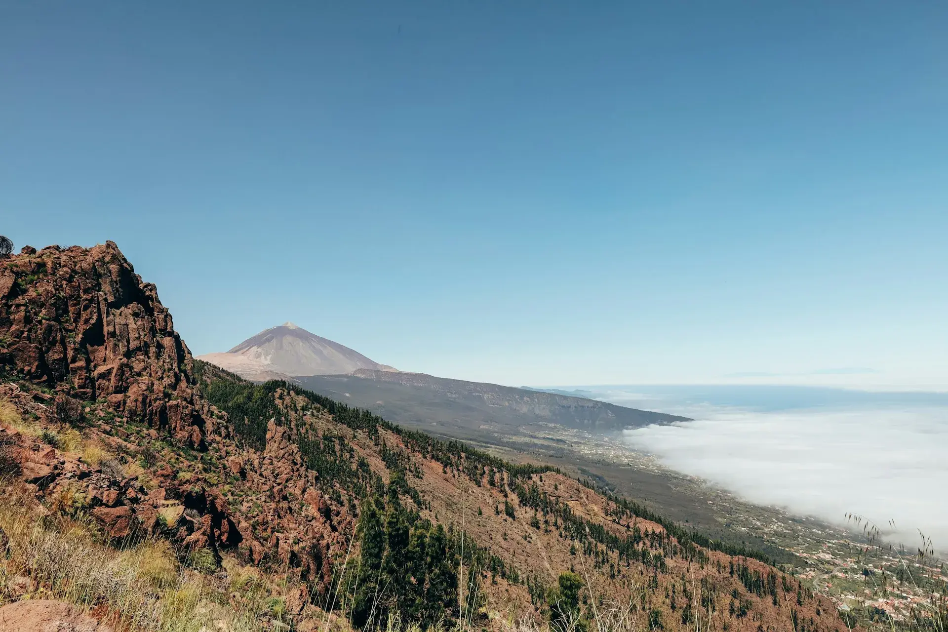 El Teide sobre las laderas de pinar y el mar de nubes, visto desde la dorsal de Tenerife