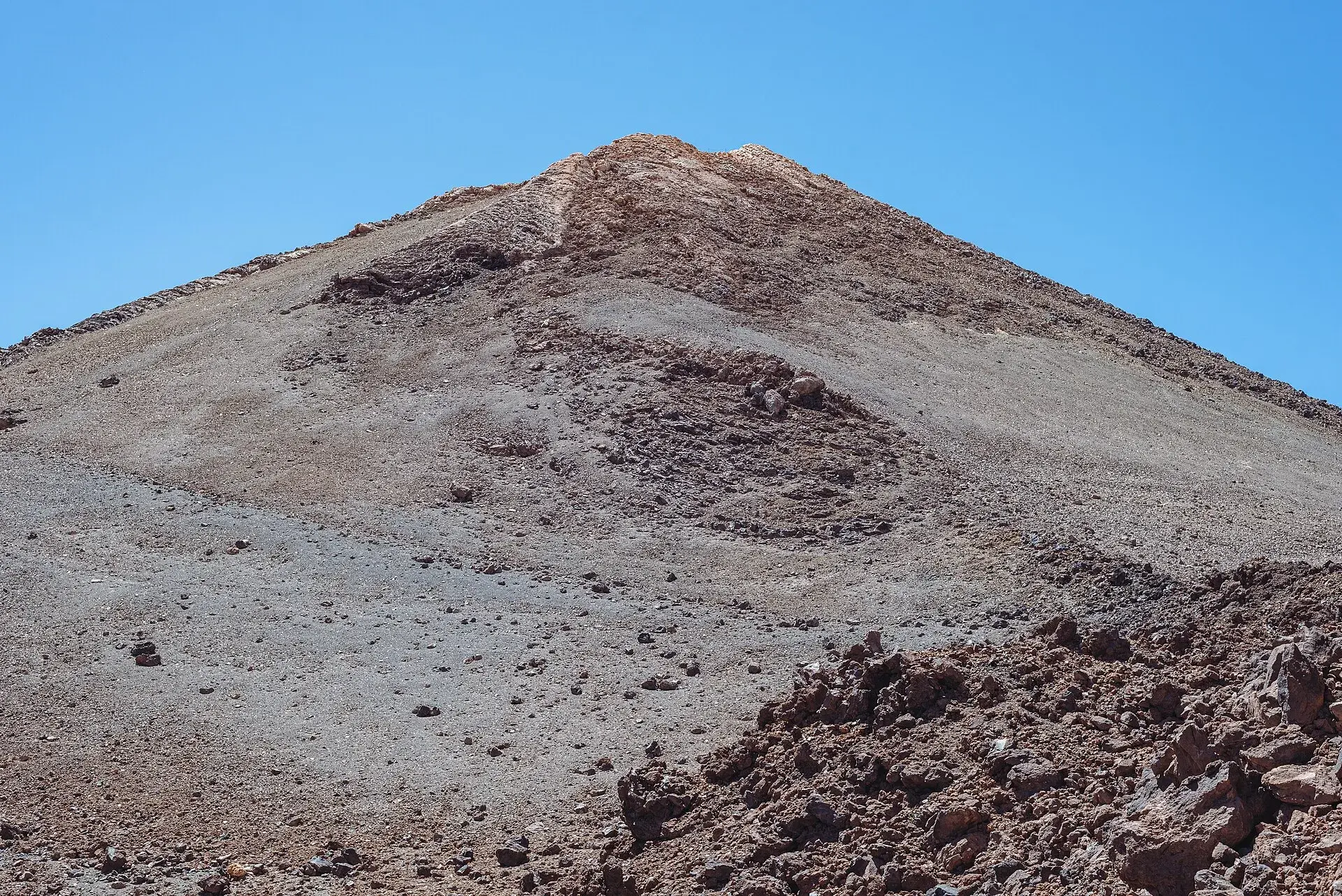 Ladera final del Teide vista desde La Rambleta, con el sendero de Telesforo Bravo subiendo hacia la cima