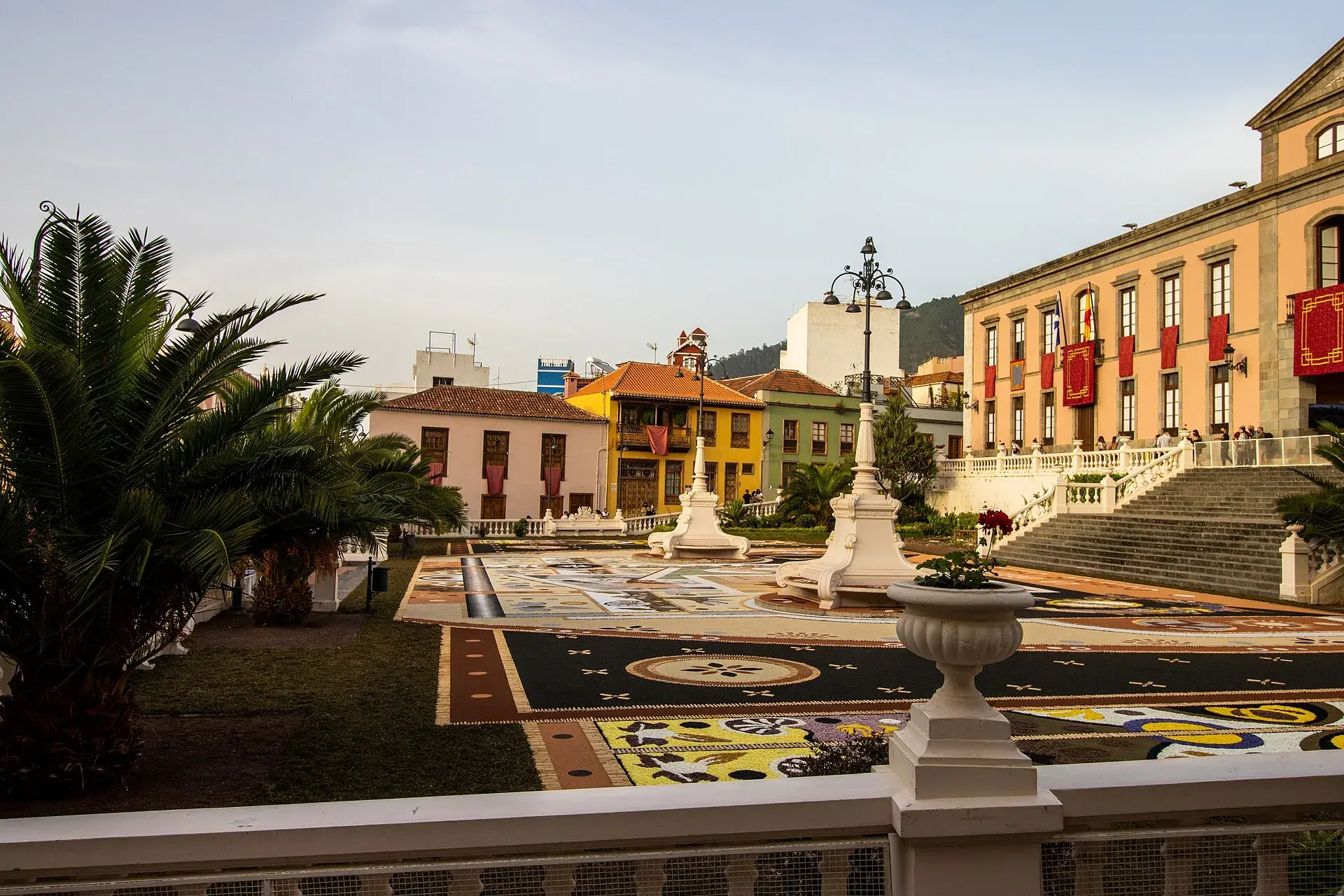 Large tapestry of coloured volcanic sands in the Plaza del Ayuntamiento of La Orotava during the Corpus festivities