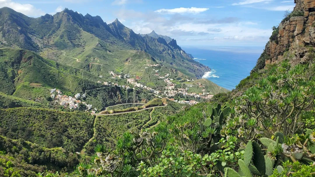 Village on green mountain slopes above the north coast of Tenerife
