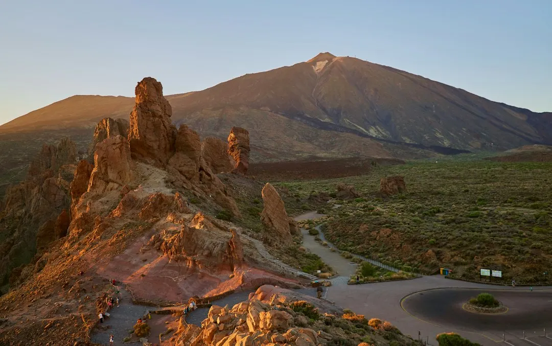 Roques de García rock formations with Mount Teide behind at sunset